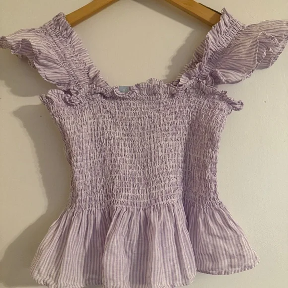 Hill House The Paz Top Linen Women's Size S Lilac Stripe - Picture 2 of 7